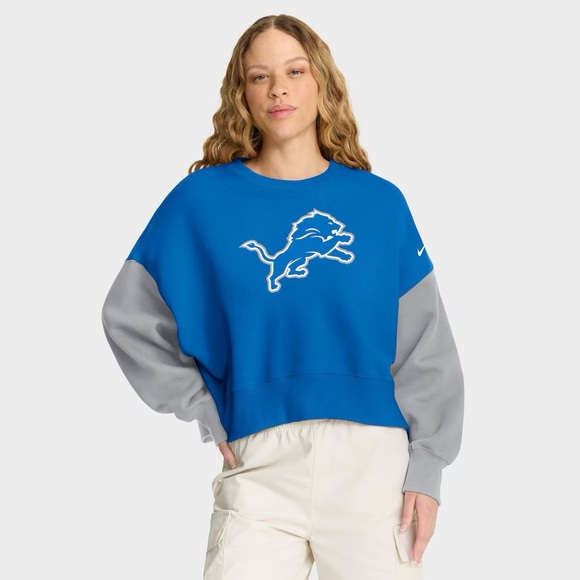 Nike Tops - Detroit Lions Nike Blue Oversized Color-Block Pullover Sweatshirt Size Large